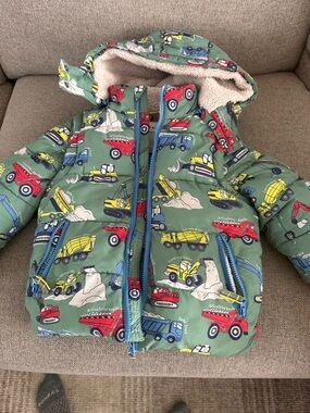 Mini Boden Green Construction Print Sherpa-Lined Jacket